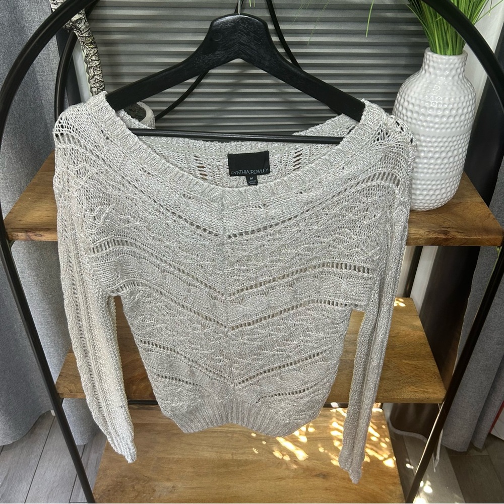 Cynthia Rowley Sparkle Shimmer Taupe and silver Open-Knit Sweater Women’s Medium